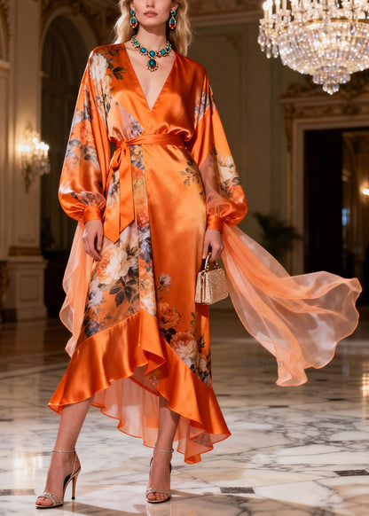 Art Print Ruffled Tie Waist Patchwork Silk Maxi Dresses Long Sleeve