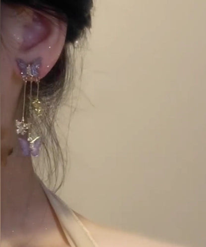 Pendientes colgantes con borlas de mariposa de cristal de aleación morada