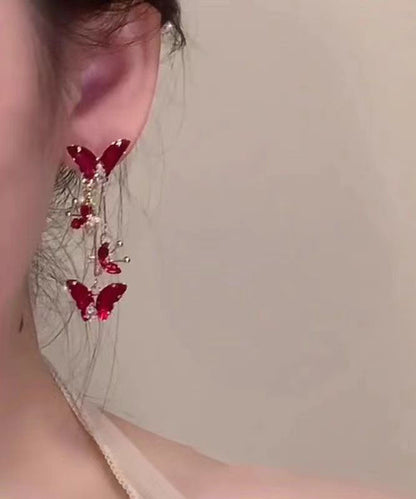 Pendientes colgantes con borlas de mariposa de cristal de aleación morada