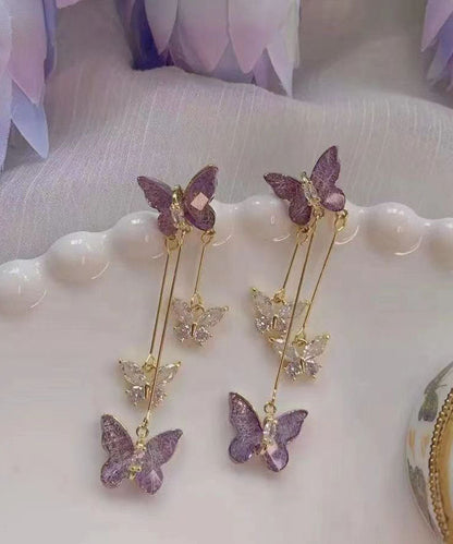 Pendientes colgantes con borlas de mariposa de cristal de aleación morada