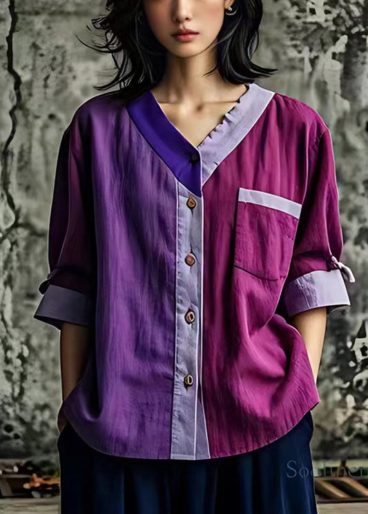 Kunst Lila Asymmetrische Patchwork Leinen Shirts Sommer