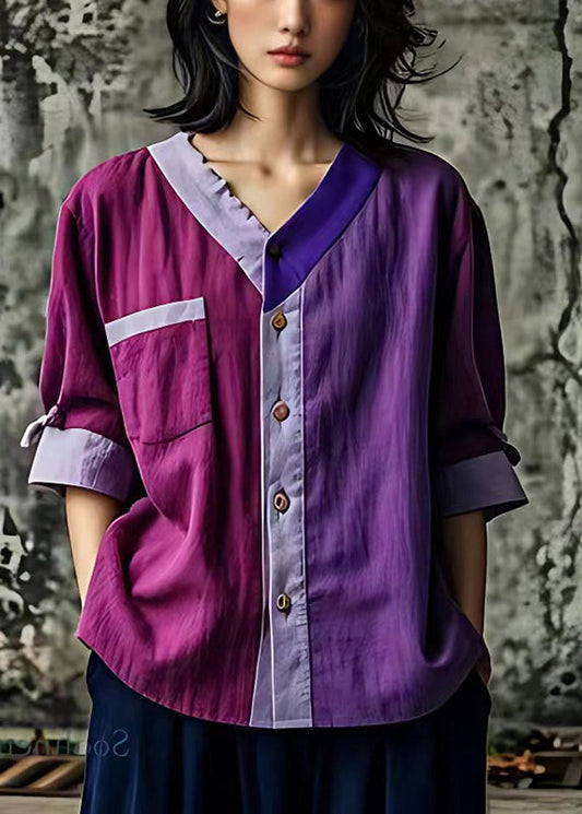 Kunst Lila Asymmetrische Patchwork Leinen Shirts Sommer