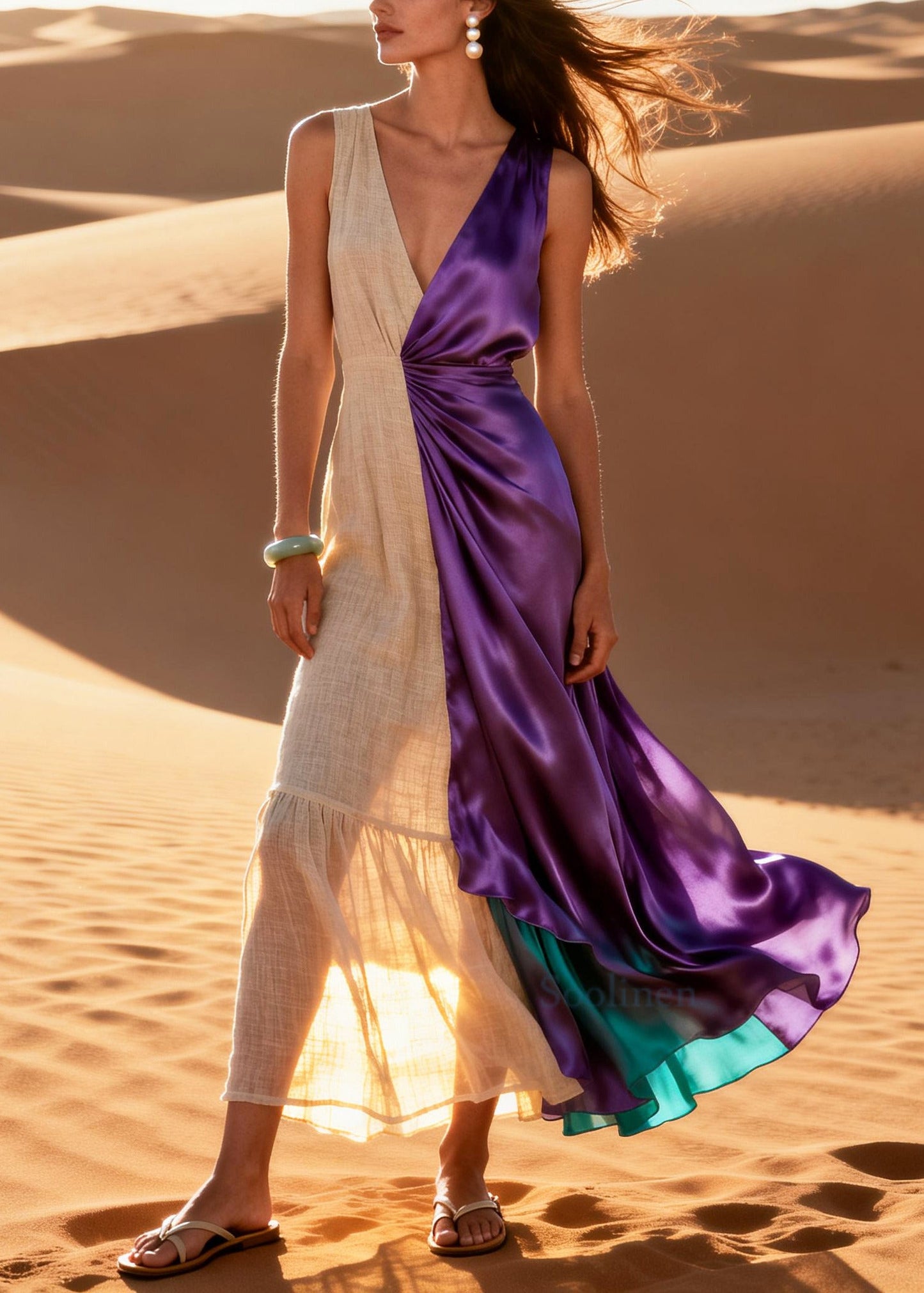 Art Purple Asymmetrical Patchwork Linen Silk Dresses Summer