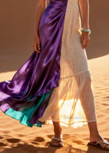 Art Purple Asymmetrical Patchwork Linen Silk Dresses Summer
