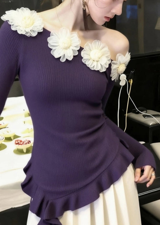Suéter de punto floral con hombros descubiertos en color morado Art para invierno