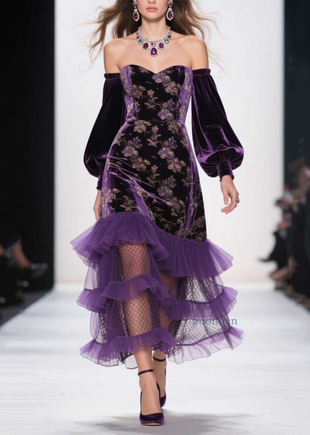 Vestido de terciopelo con volantes y hombros descubiertos en color morado Art Primavera