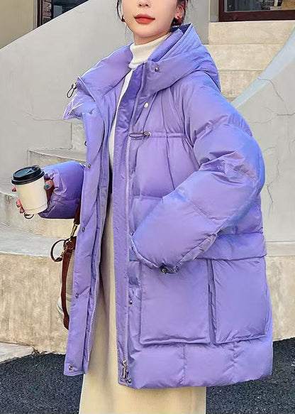 Art Purple Hooded Pockets Duck Down Puffer Jacket Winter