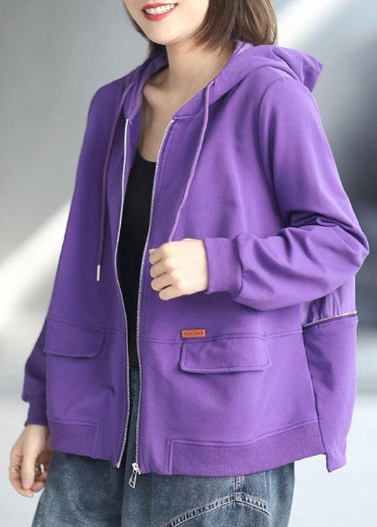 Art Purple Loose Zippered Pockets Fall Long Sleeve Hooded Coat - SooLinen