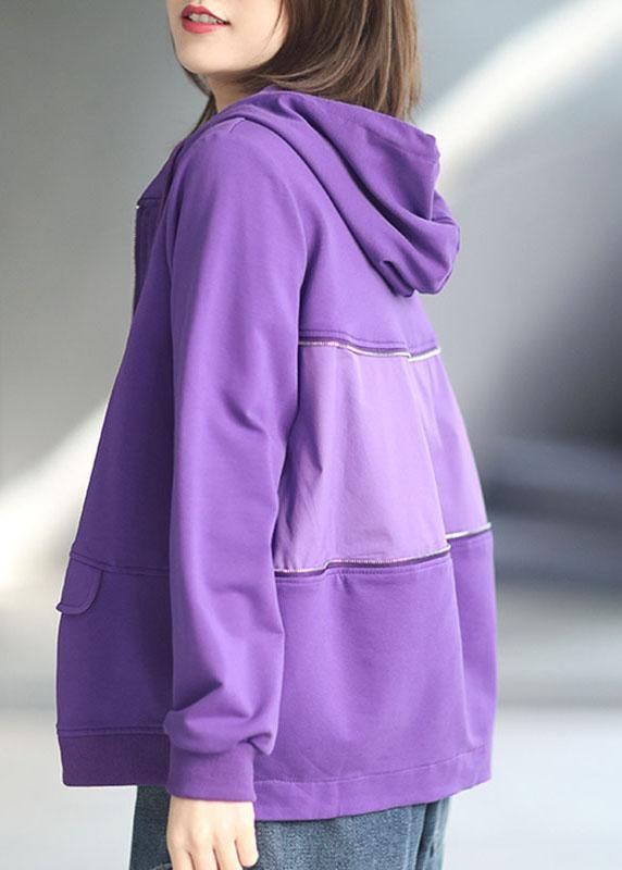 Art Purple Loose Zippered Pockets Fall Long Sleeve Hooded Coat - SooLinen