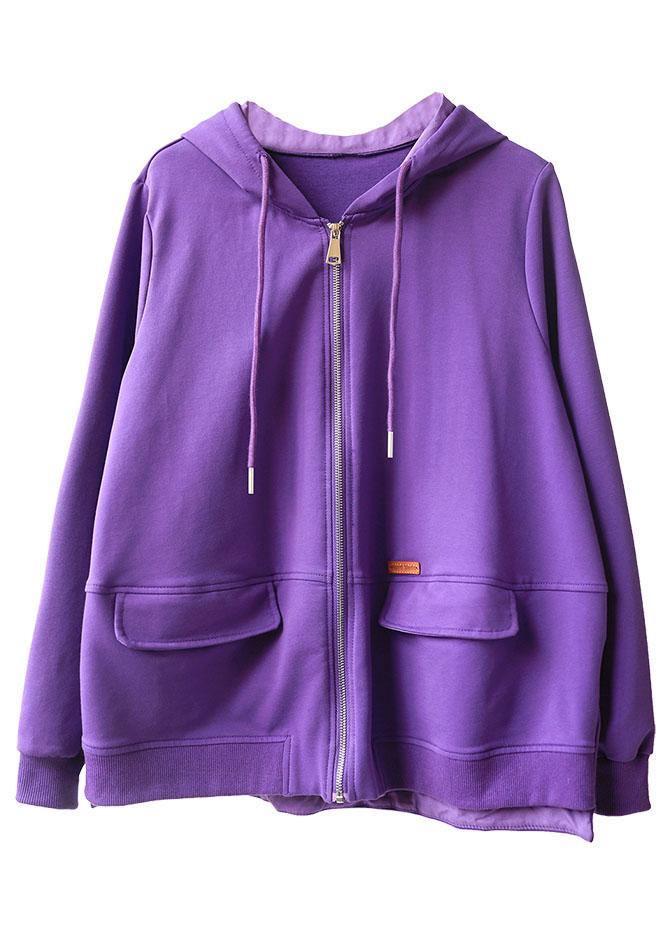 Art Purple Loose Zippered Pockets Fall Long Sleeve Hooded Coat - SooLinen