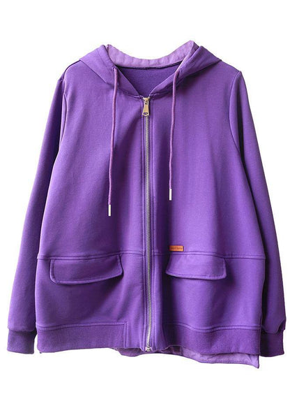 Art Purple Loose Zippered Pockets Fall Long Sleeve Hooded Coat - SooLinen