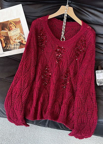 Art Purple O Neck Sequins Hollow Out Knit Sweater Tops Fall