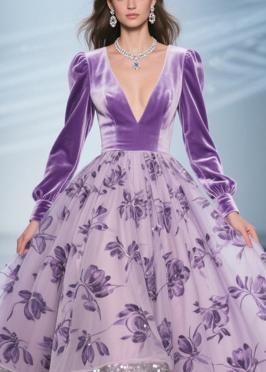 Art Purple Print Tulle Patchwork Silk Velvet Exra Large Hem Dress Spring