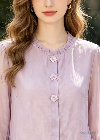 Art Purple Ruffled Floral Cotton Shirt Half Sleeve