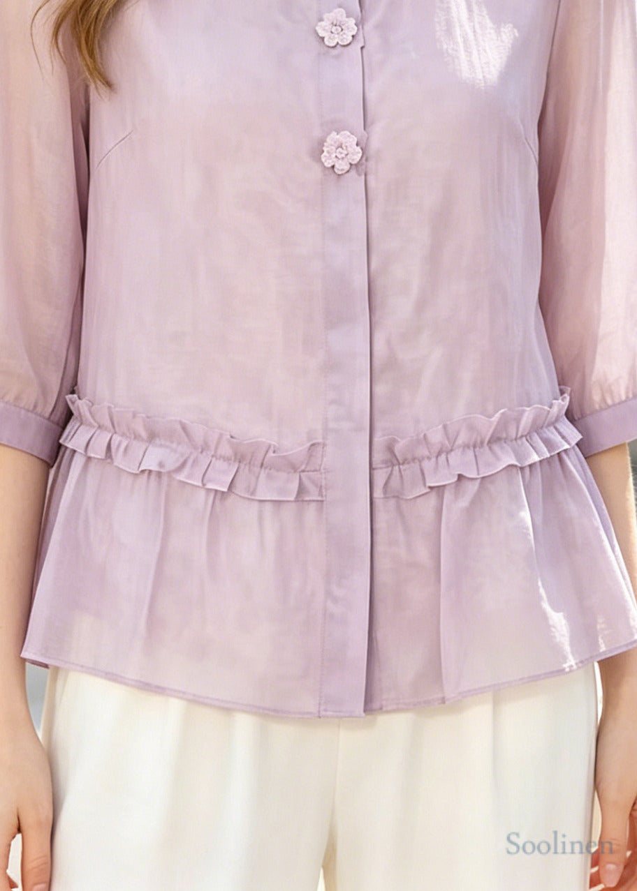 Art Purple Ruffled Floral Cotton Shirt Half Sleeve