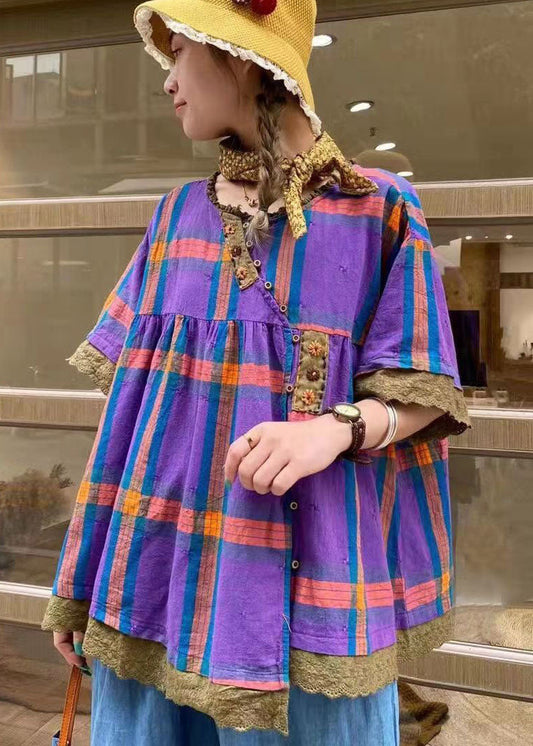 Art Lila Rüschen Plaid Baumwolle Blusen Kurzarm