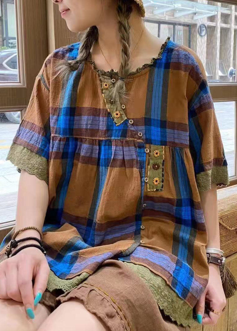 Art Lila Rüschen Plaid Baumwolle Blusen Kurzarm