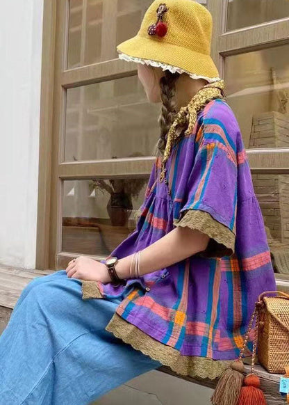 Art Lila Rüschen Plaid Baumwolle Blusen Kurzarm
