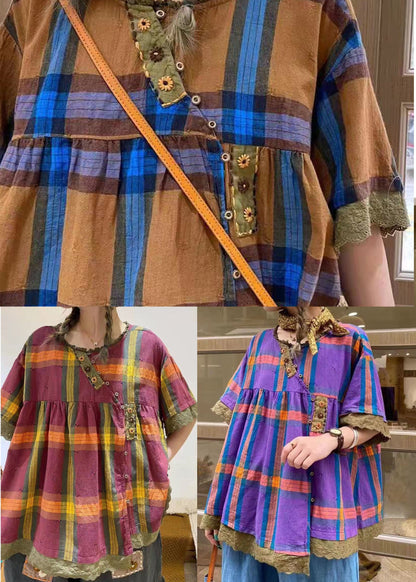 Art Lila Rüschen Plaid Baumwolle Blusen Kurzarm