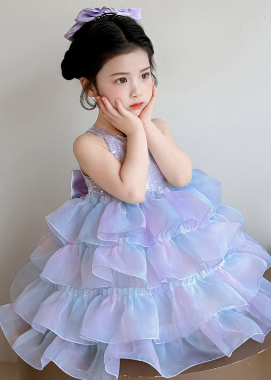 Art Purple Ruffled Tulle Kids Maxi Dress Sleeveless