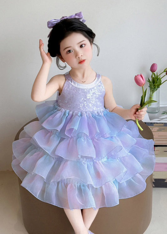 Art Purple Ruffled Tulle Kids Maxi Dress Sleeveless
