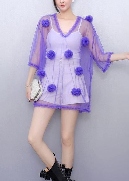 Art Purple V Neck Floral Thin Tulle Tops Summer