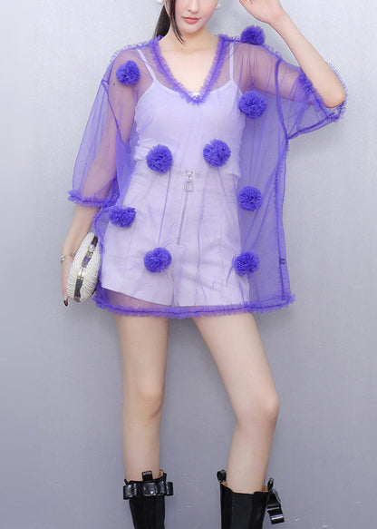 Art Purple V Neck Floral Thin Tulle Tops Summer