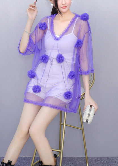 Art Purple V Neck Floral Thin Tulle Tops Summer
