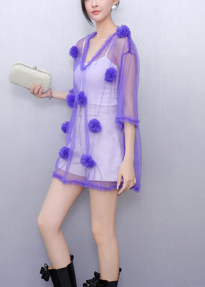 Art Purple V Neck Floral Thin Tulle Tops Summer