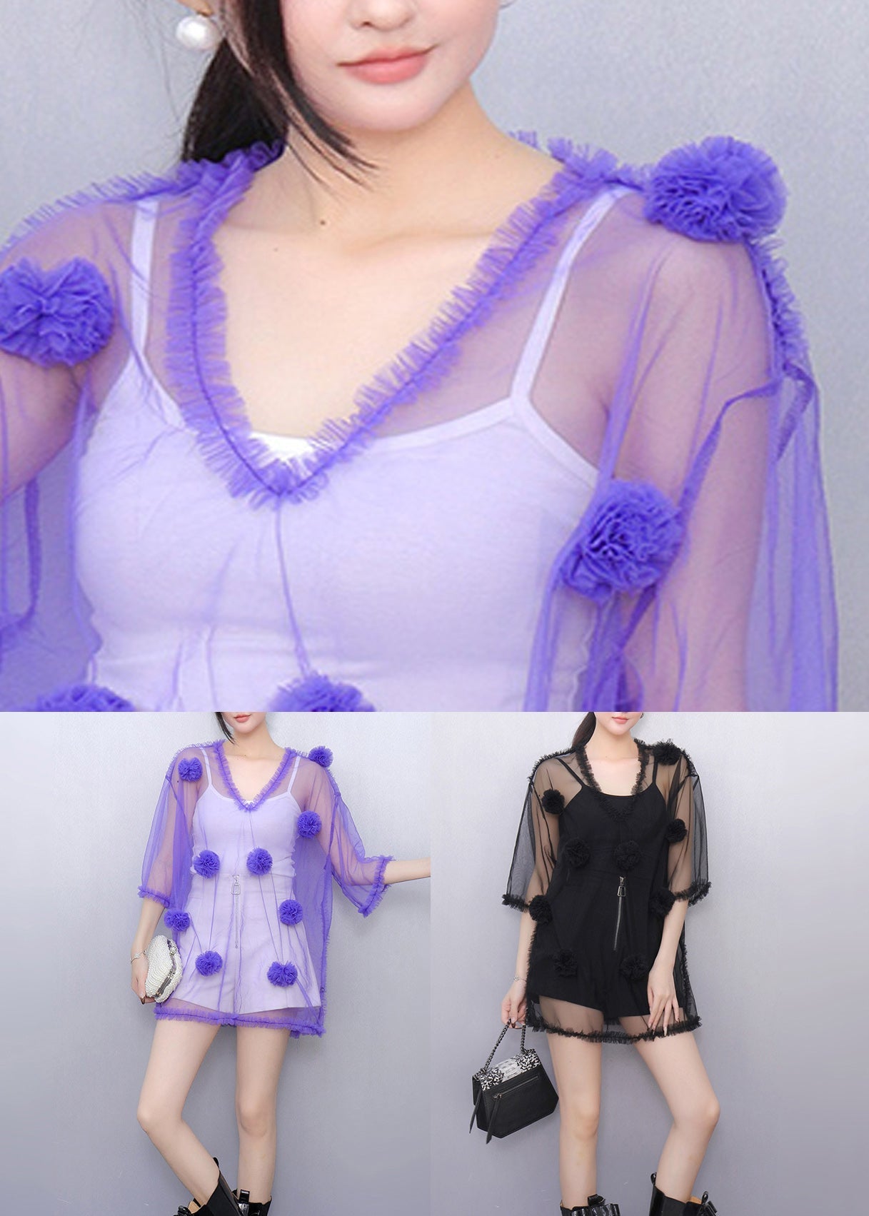 Art Purple V Neck Floral Thin Tulle Tops Summer