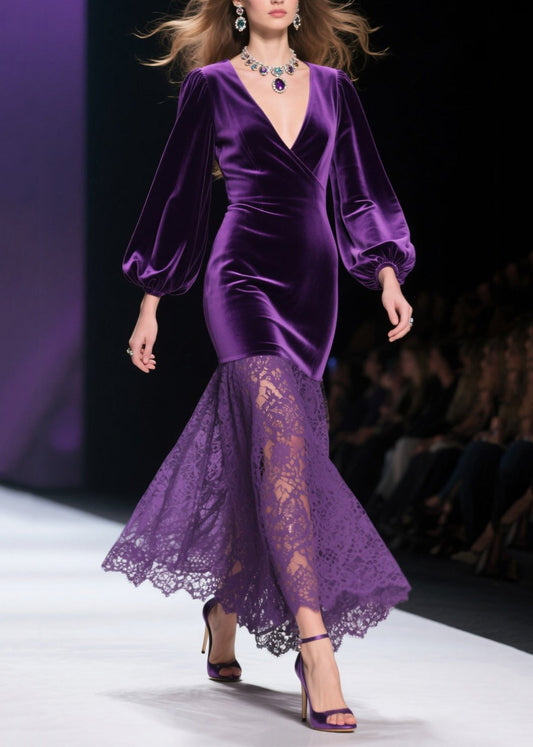 Vestidos cruzados de terciopelo de seda con encaje y patchwork con escote en V morado de Art Primavera