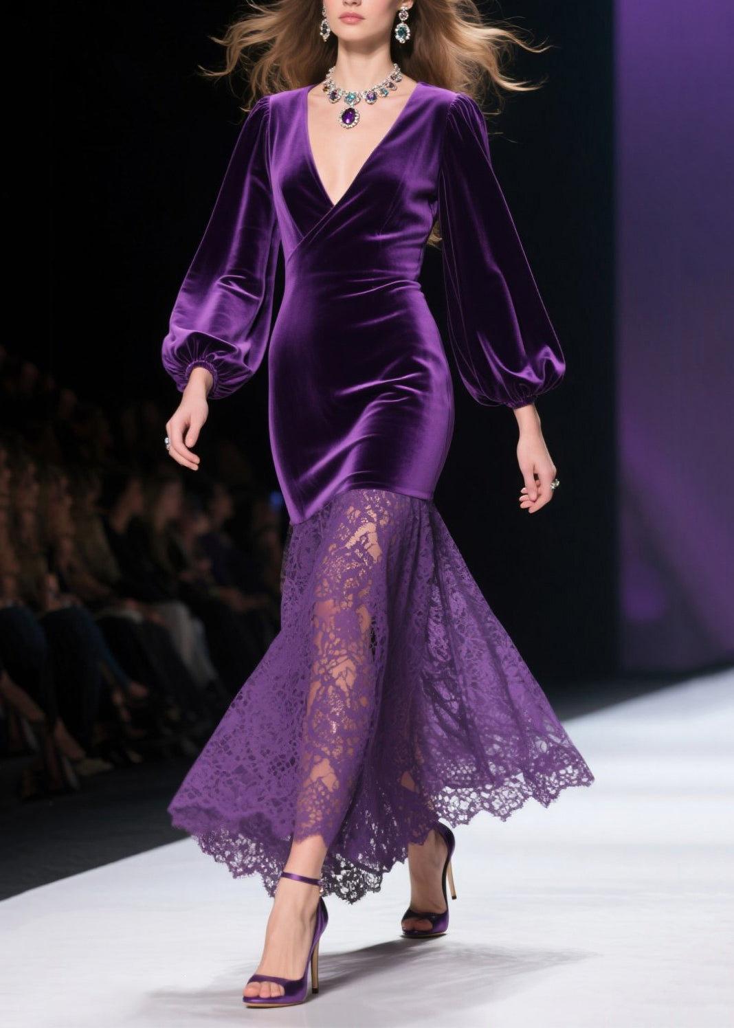 Vestidos cruzados de terciopelo de seda con encaje y patchwork con escote en V morado de Art Primavera