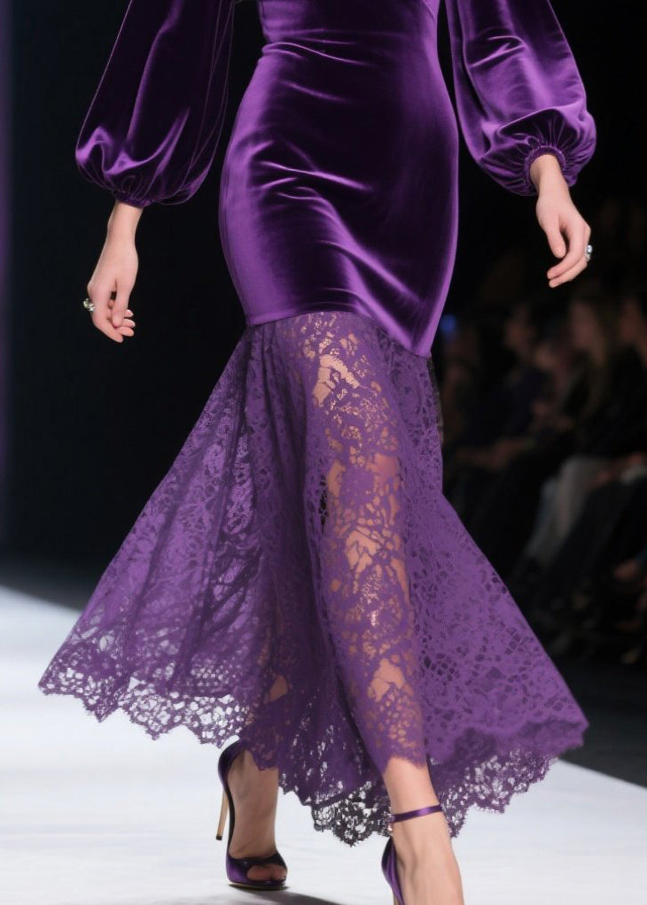 Vestidos cruzados de terciopelo de seda con encaje y patchwork con escote en V morado de Art Primavera