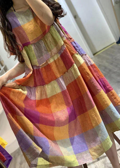 Art Rainbow Ruffled Plaid Linen Dress Summer