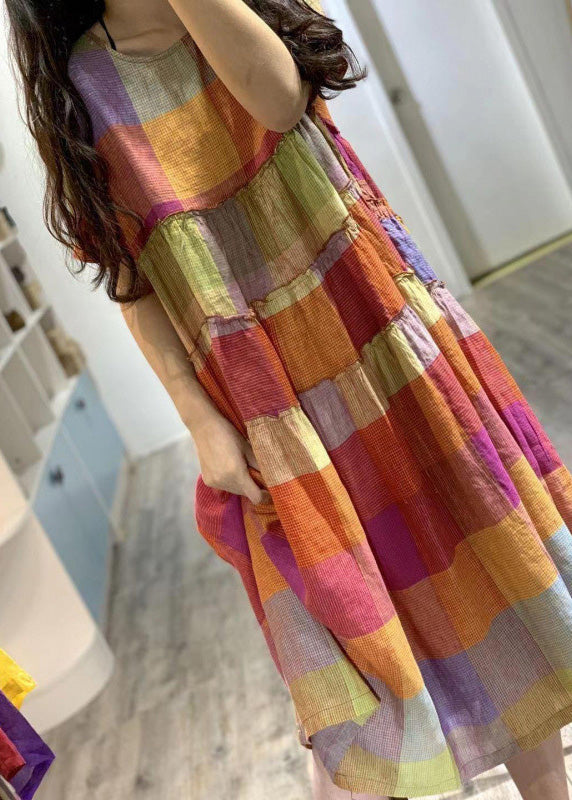 Art Rainbow Ruffled Plaid Linen Dress Summer