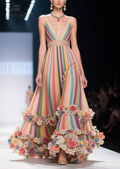 Art Rainbow Striped Flower Decorated Chiffon Evening Dress Summer