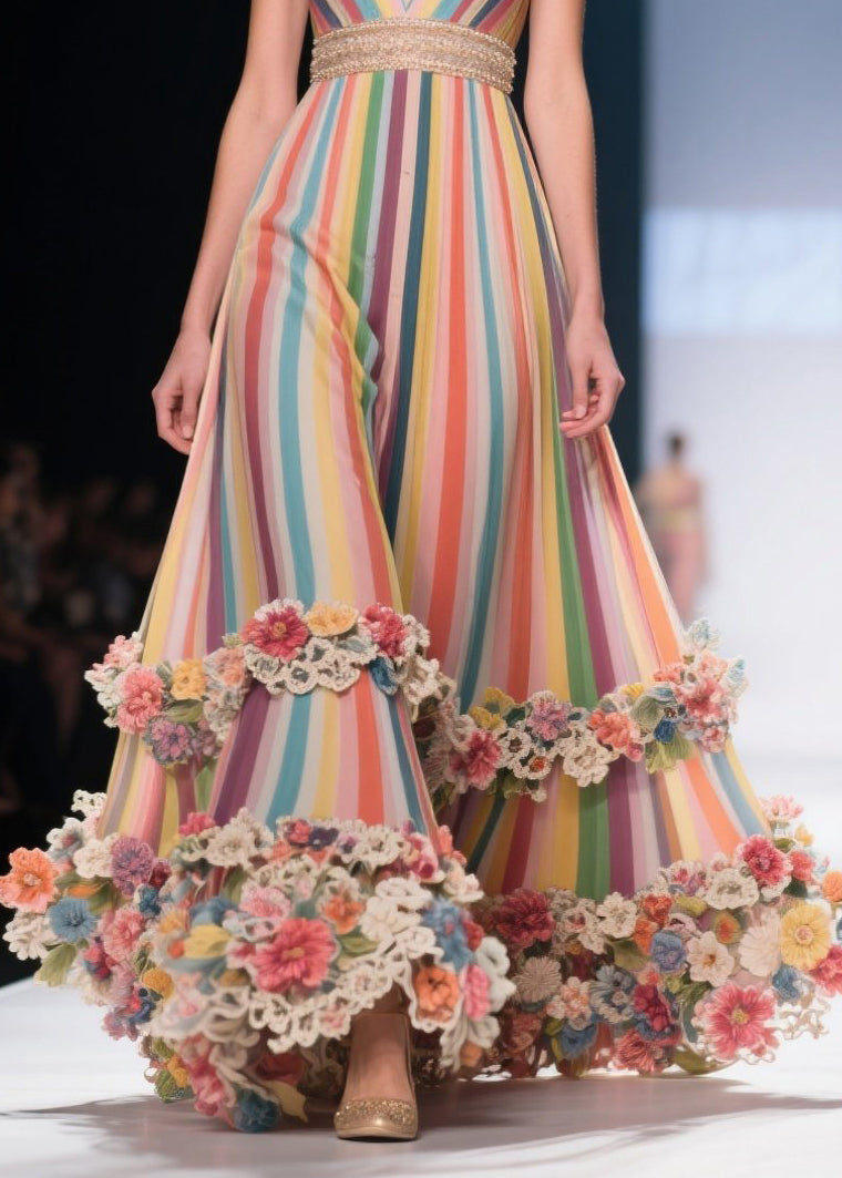 Art Rainbow Striped Flower Decorated Chiffon Evening Dress Summer