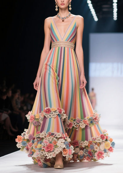 Art Rainbow Striped Flower Decorated Chiffon Evening Dress Summer