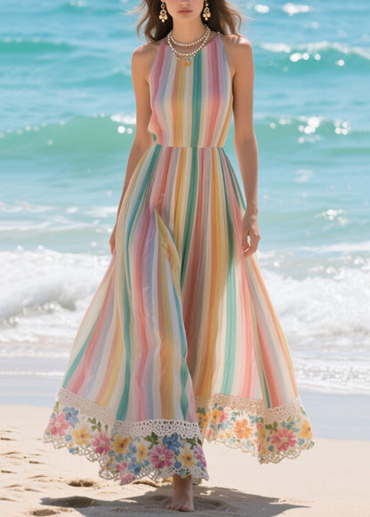 Art Rainbow Striped Patchwork Lace Chiffon Holiday Dresses Summer