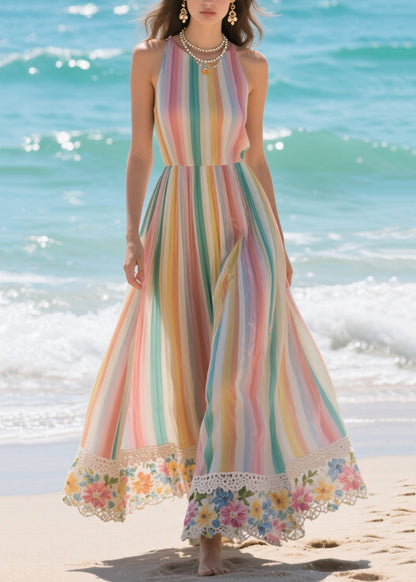 Art Rainbow Striped Patchwork Lace Chiffon Holiday Dresses Summer