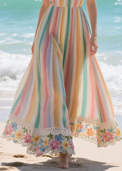 Art Rainbow Striped Patchwork Lace Chiffon Holiday Dresses Summer