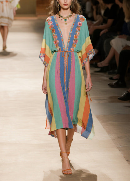 Art Rainbow V Neck Striped Cotton Maxi Dresses Summer