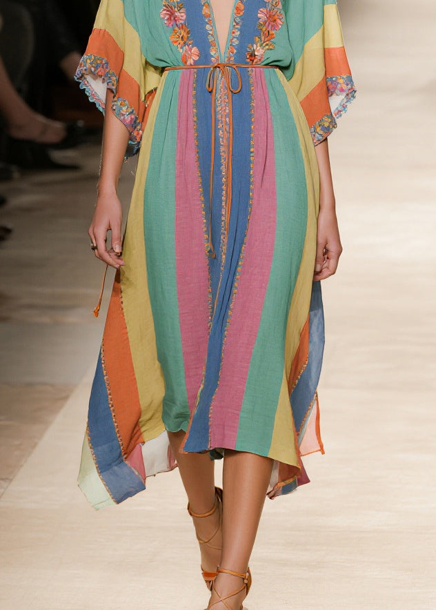 Art Rainbow V Neck Striped Cotton Maxi Dresses Summer
