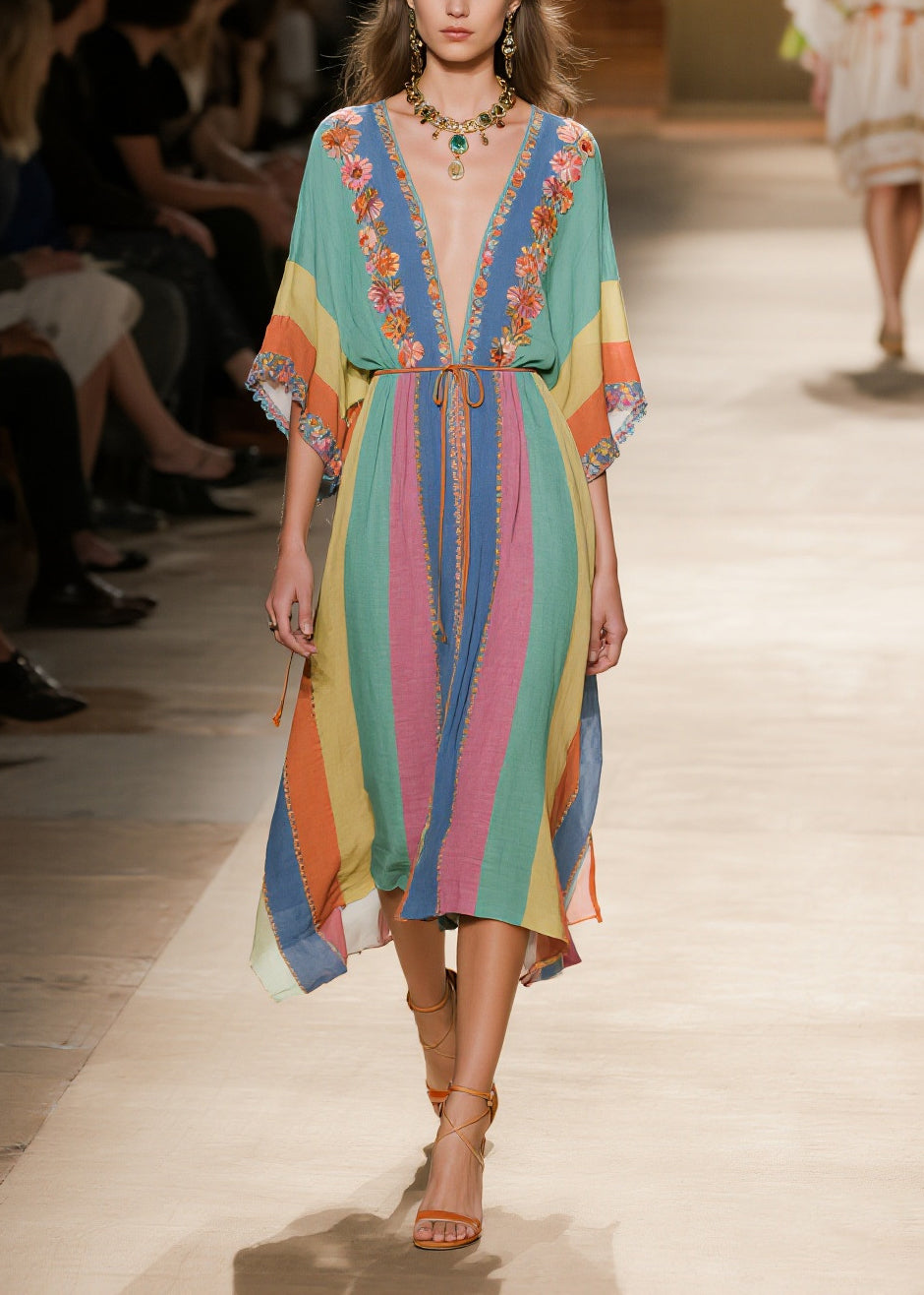 Art Rainbow V Neck Striped Cotton Maxi Dresses Summer