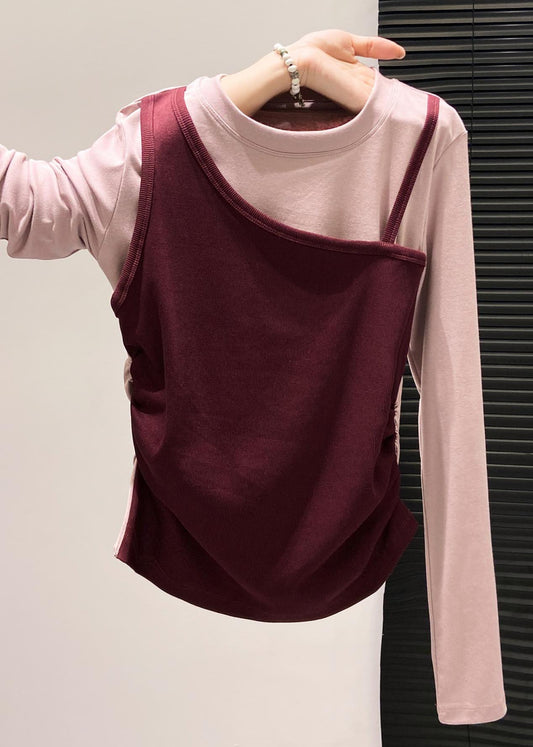 Art Red Asymmetrical Patchwork Cotton Fake Two Piece Blouses Fall