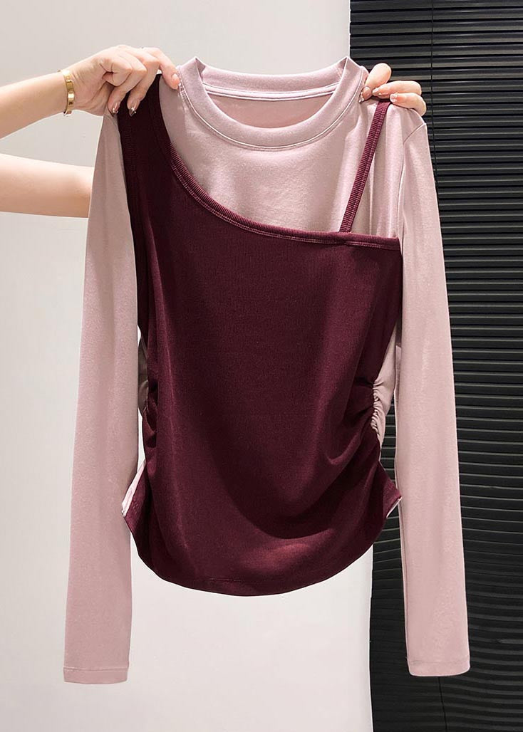 Art Red Asymmetrical Patchwork Cotton Fake Two Piece Blouses Fall