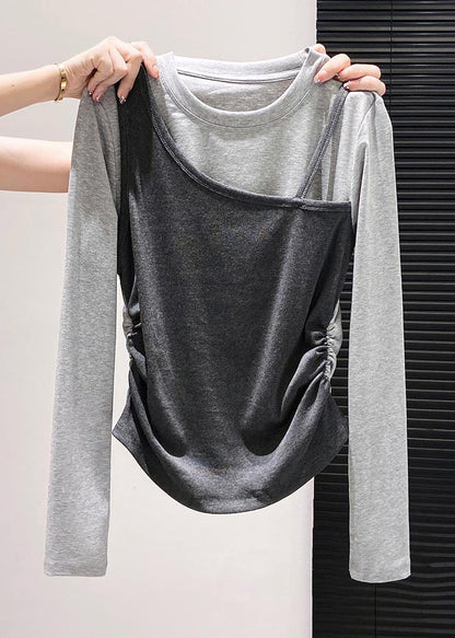 Art Red Asymmetrical Patchwork Cotton Fake Two Piece Blouses Fall