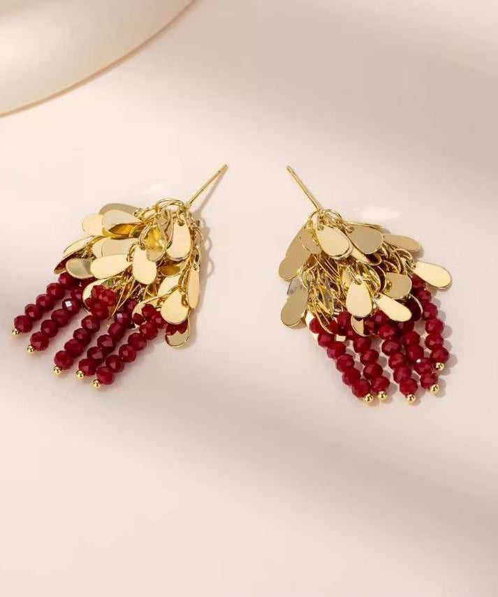 Art Red Copper Alloy Crystal Tassel Drop Earrings