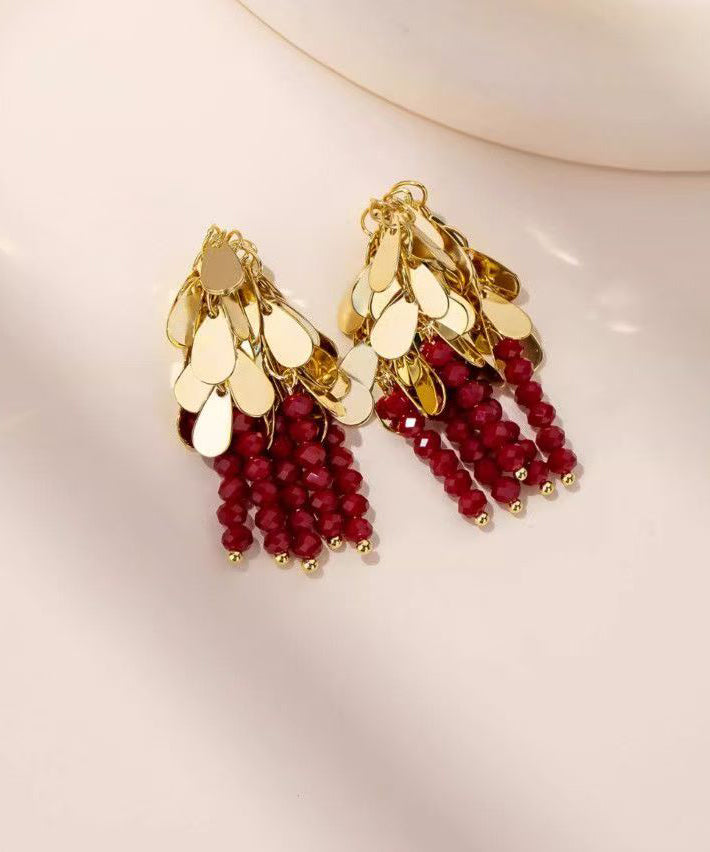 Art Red Copper Alloy Crystal Tassel Drop Earrings
