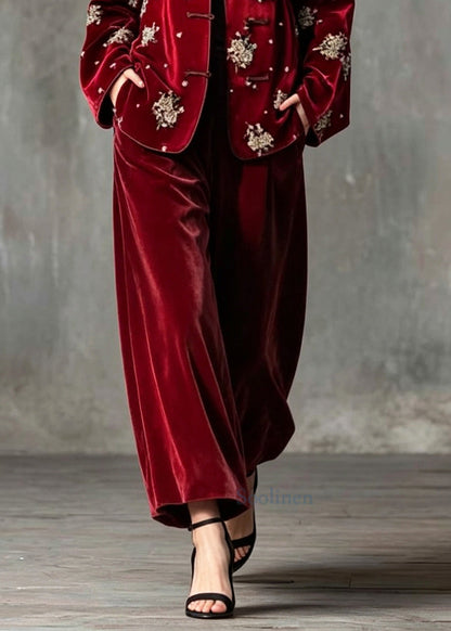 Art Red Embroidered Nail Bead Silk Velvet Two Piece Set Fall